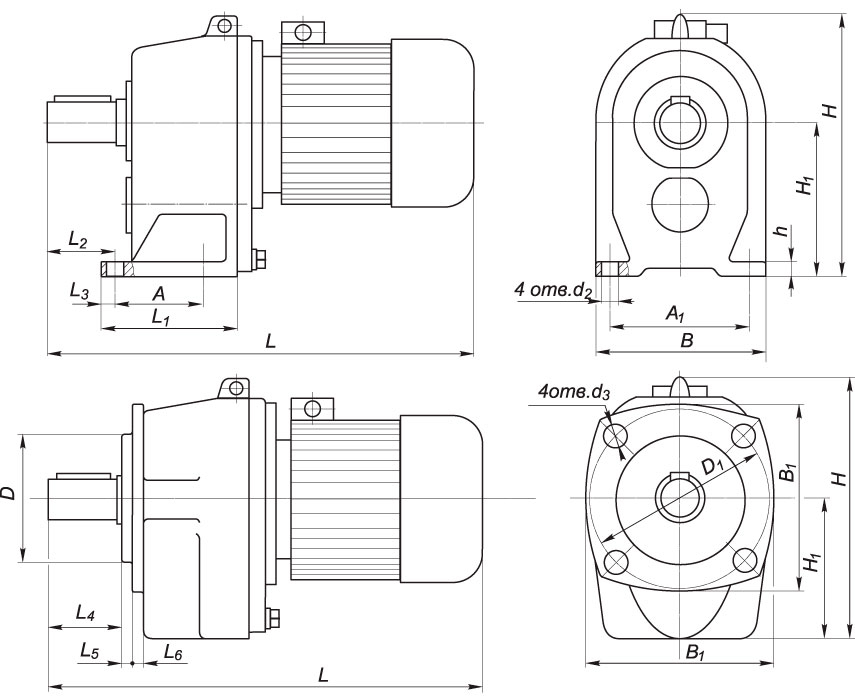 Габаритные и присоединительные размеры мотор-редуктора 1МЦ2С-125